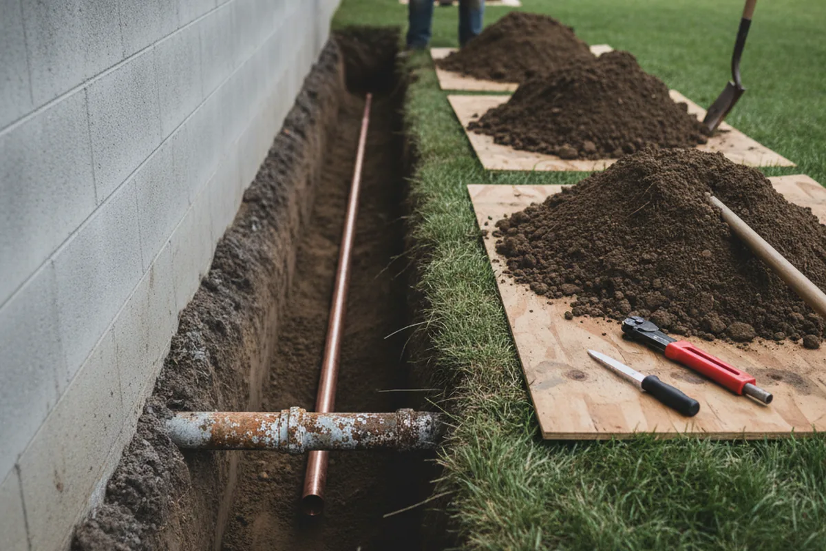 Excavated water line trench during Sewer Line Repair in Canada